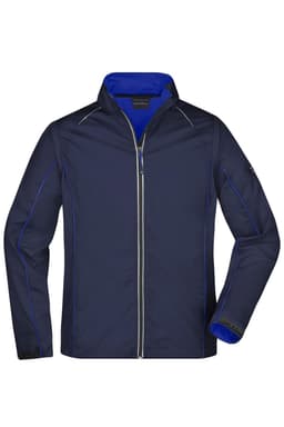 A navy men's zip-off softshell jacket with contrasting blue accents and a logo on the sleeve.