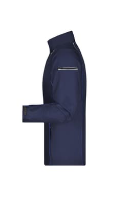 A navy men's zip-off softshell jacket featuring contrast stitching and a zippered pocket on the chest.