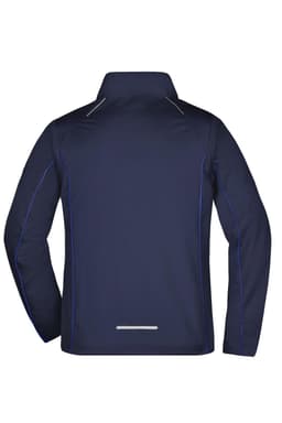A navy blue men's zip-off softshell jacket with contrasting blue stitching and a reflective detail at the back.