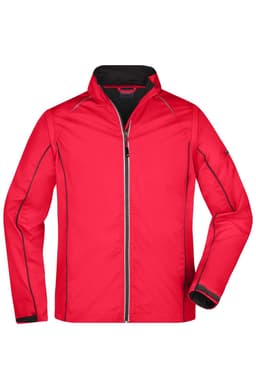A red zip-off softshell jacket featuring contrasting black detailing and a logo on the sleeve.