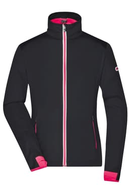 A black softshell jacket with a pink zip and cuffs, featuring a logo on the sleeve.