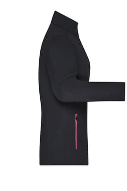A ladies' sports softshell jacket in black with a pink zip pocket, featuring a sleek, fitted silhouette and a high collar.