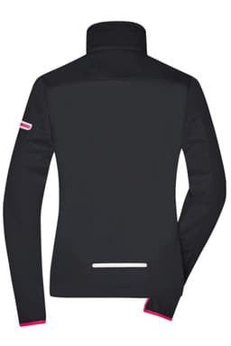 A black ladies' softshell jacket with a high collar, featuring pink accents and a small logo.