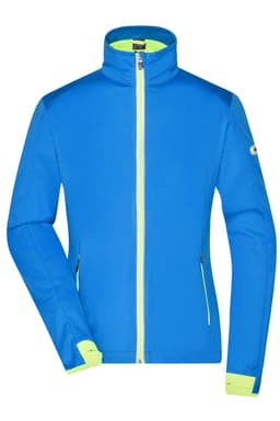 A bright blue ladies softshell jacket with a high collar and neon green accents. It has a logo on one sleeve.