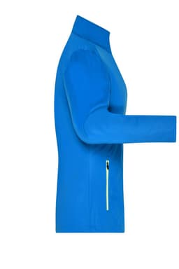 A blue ladies sports softshell jacket with a zippered pocket on the side and a high collar.