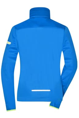 A blue ladies softshell jacket with a high collar and reflective details on the sleeves and back.