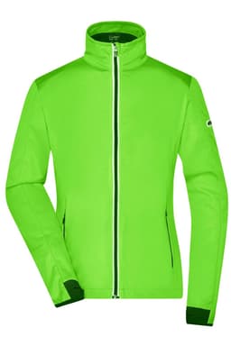 A bright green ladies softshell jacket with a zip front and a high collar. Features include a logo and fitted cuffs.