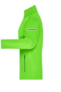 A vibrant green ladies softshell jacket featuring a zippered pocket and a sleek, fitted design.