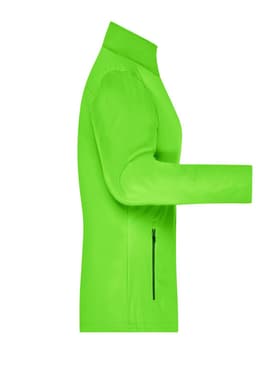 A bright green ladies softshell jacket featuring a zip pocket and a sleek design. It has a logo on the sleeve.