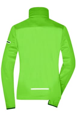A bright green ladies sports softshell jacket with a high collar and reflective details on the back.