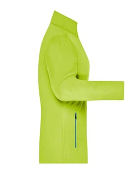 A softshell jacket in a vibrant lime green colour featuring a side zip pocket and a high collar, with a logo present.