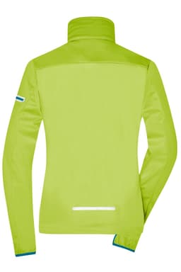 A vibrant lime green ladies softshell jacket featuring a high collar and reflective detailing. It has a logo on the sleeve.
