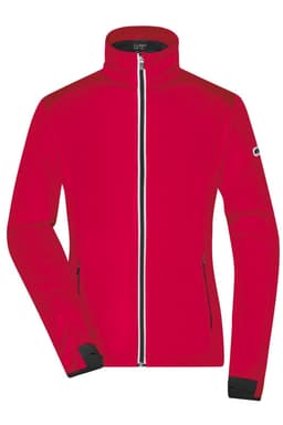 A red ladies' softshell jacket with a full zip and a logo on the sleeve.