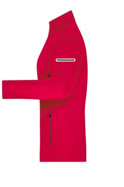 A red ladies sports softshell jacket shown from the side, featuring a zip pocket on the sleeve and front.
