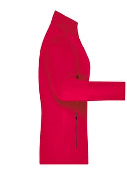 A red ladies' softshell jacket with a stand-up collar and a side zip pocket, featuring a logo.