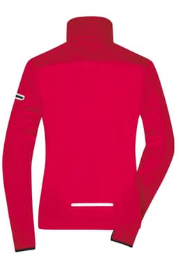 A ladies sports softshell jacket in bright red with a high collar and minimalistic design featuring a logo.