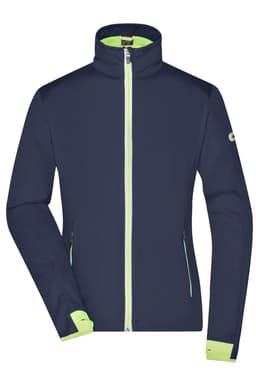 A navy softshell jacket with lime green accents and a logo on the sleeve.