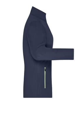 A navy ladies softshell jacket with a high collar and a zip pocket on the side. It features a logo.