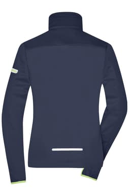 A navy softshell jacket for ladies, featuring a high collar and reflective detailing. It has a logo on the sleeve.