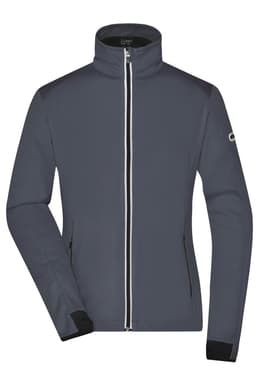 A grey ladies' softshell jacket with a zip front and a logo on the sleeve.