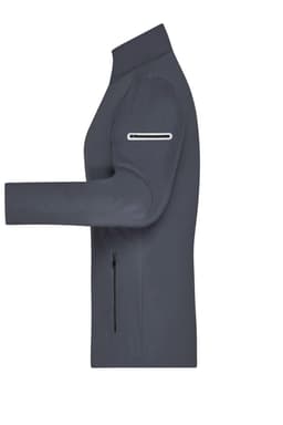 A grey ladies' softshell jacket displayed from the side, showcasing a zip pocket on the sleeve.