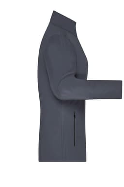 A grey softshell jacket for ladies, featuring a zip on the side and a high collar. It has a logo on the sleeve.