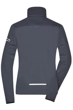 A ladies' softshell jacket in dark grey, featuring a high collar and a reflective strip on the back.