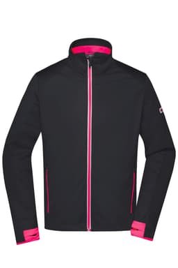 A men's softshell jacket in black with pink accents and a zip front, featuring side pockets and a logo.