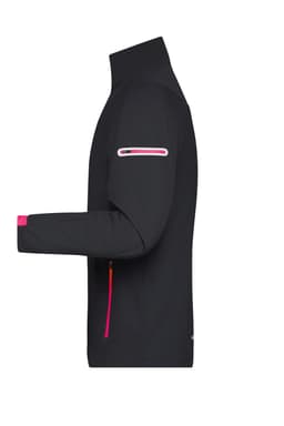 A men's sports softshell jacket in black with pink accents, featuring zippered pockets and a high collar.