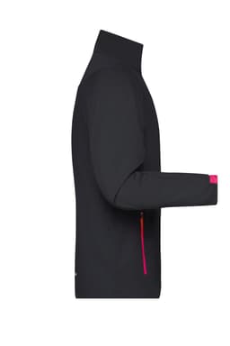 A black men's sports softshell jacket with a pink zip detail, featuring a high collar and long sleeves.