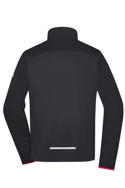 A men's black softshell jacket with a high collar and a contrasting pink detail at the cuffs. It features a logo.