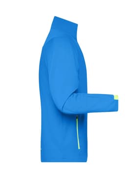 A bright blue men's softshell jacket with a zippered pocket and a high collar. Features a logo on the arm.