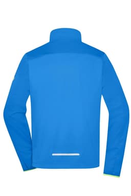 A blue men's softshell jacket with a high collar, featuring long sleeves and a logo on the arm.