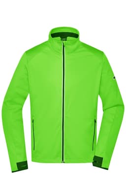 A vibrant green softshell jacket with a zip front, featuring a logo and zippered pockets.