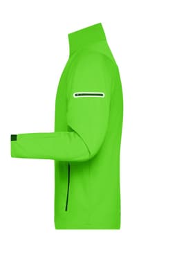 A bright green men's softshell jacket featuring a zippered pocket and a high collar.