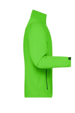 A bright green men's softshell jacket featuring long sleeves, a high collar, and side zip pockets.