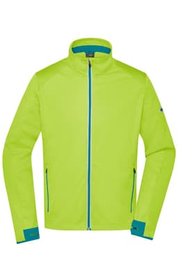A bright lime green men's softshell jacket with contrasting blue zippers and logo. Features zippered pockets and a high collar.