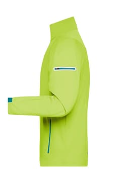 A men's softshell jacket in bright lime green with a zip pocket on the arm and contrasting blue detailing.