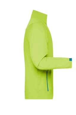 A lime green men's softshell jacket with a high collar and zippered pockets, featuring a logo on the sleeve.