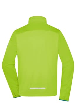 A bright green men's sports softshell jacket with a high collar and long sleeves, featuring a reflective strip on the back.