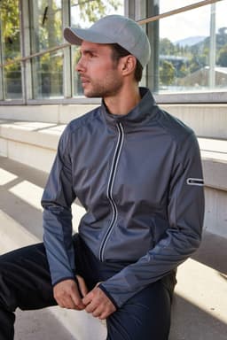 A men's sports softshell jacket in grey, featuring a zip front and a logo on the sleeve, worn by a model.