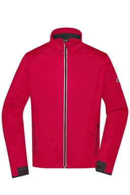 A red men's sports softshell jacket with a zip front, high collar, and side pockets. It features a logo.