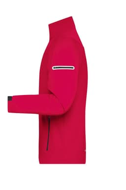 A red men's sports softshell jacket with a high collar and zippered pockets. It features a logo on the sleeve.