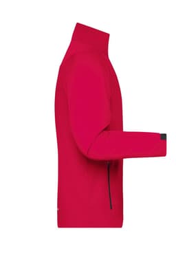 A red men's sports softshell jacket with a high collar and zippered side pockets. It features a sleek, fitted design.