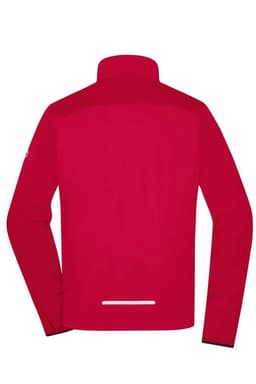 A red men's sports softshell jacket with a high collar and long sleeves, featuring a branding logo.