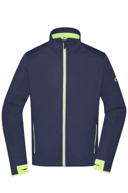 A navy blue men's sports softshell jacket with bright green zippers and accents. It features a logo on the sleeve.