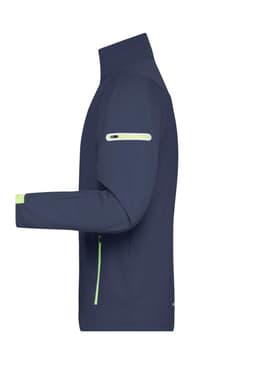 A navy mens sports softshell jacket with a zip pocket and neon green accents on the cuffs and chest.