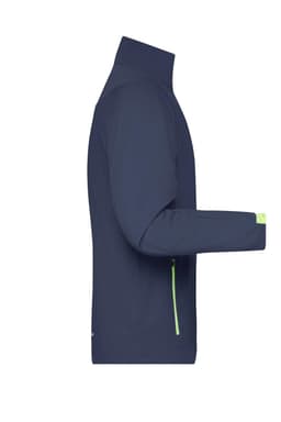 A navy blue men's softshell jacket with a high collar and green zipper detail. It features a logo on the sleeve.
