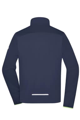 A navy men's softshell jacket with a high collar and reflective detailing on the back. It features long sleeves and a logo.
