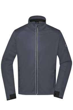 A men's sports softshell jacket in dark grey with a zip front and side pockets. Features a logo on the sleeve.